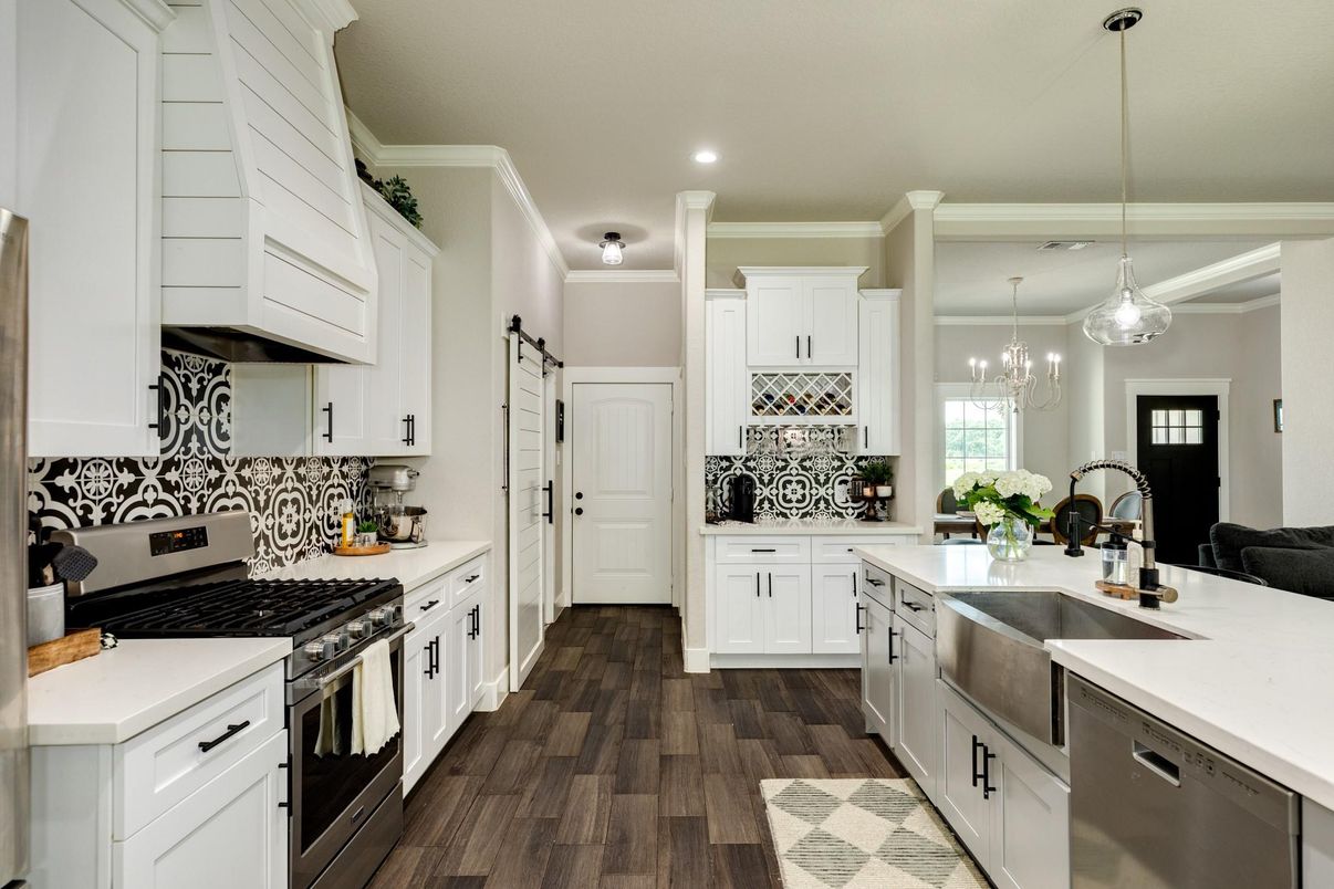 Chandelier, Interior, Kitchen, Pendant Lights, Recessed Lighting, Stainless Steel Appliances, Wood Texture Flooring