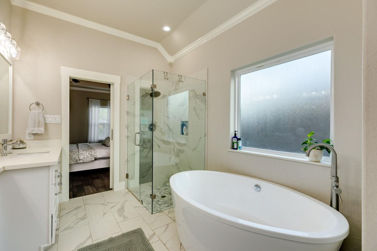 Bathroom, Bedroom, Free Standing Baths, Glass Shower, Interior, Marble, Marble Walls, Recessed Lighting, Wood Texture Flooring