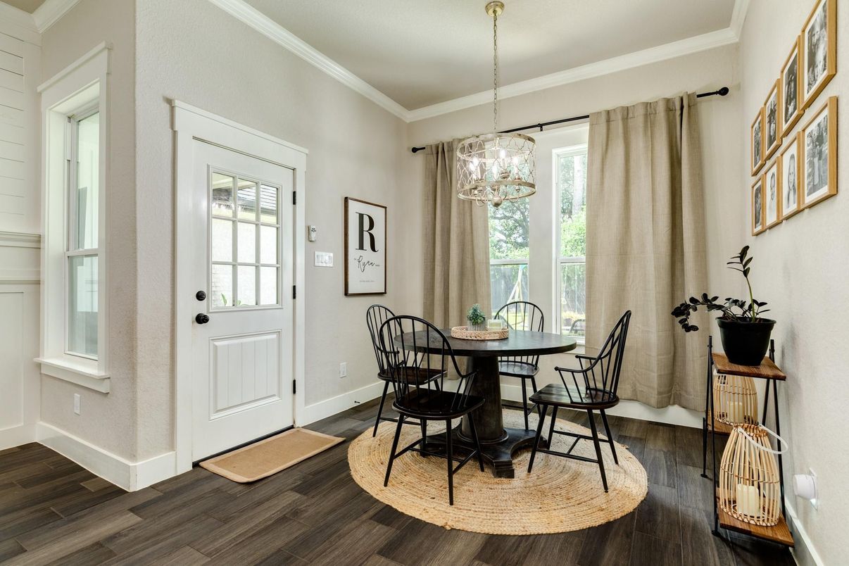 Dining room, Interior, Pendant Lights, Wood Texture Flooring