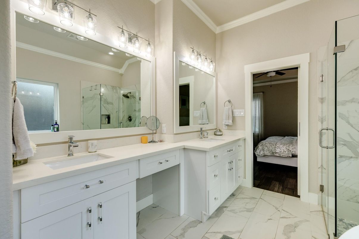 Bathroom, Bedroom, Dual Sink Vanities, Glass Shower, Interior, Marble, Marble Walls
