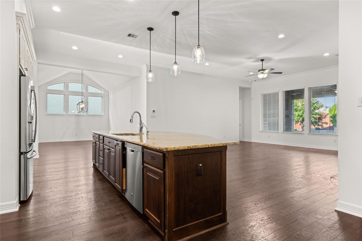 Interior, Kitchen, Pendant Lights, Recessed Lighting, Wood Texture Flooring