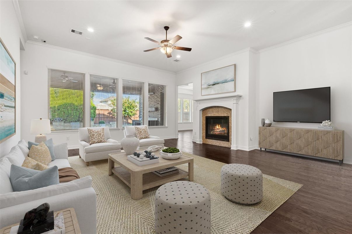 Fireplace, Interior, Living room, Recessed Lighting, Wood Texture Flooring