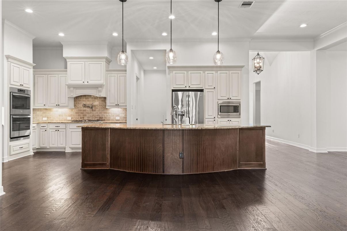 Interior, Kitchen, Pendant Lights, Recessed Lighting, Stainless Steel Appliances, Wood Texture Flooring