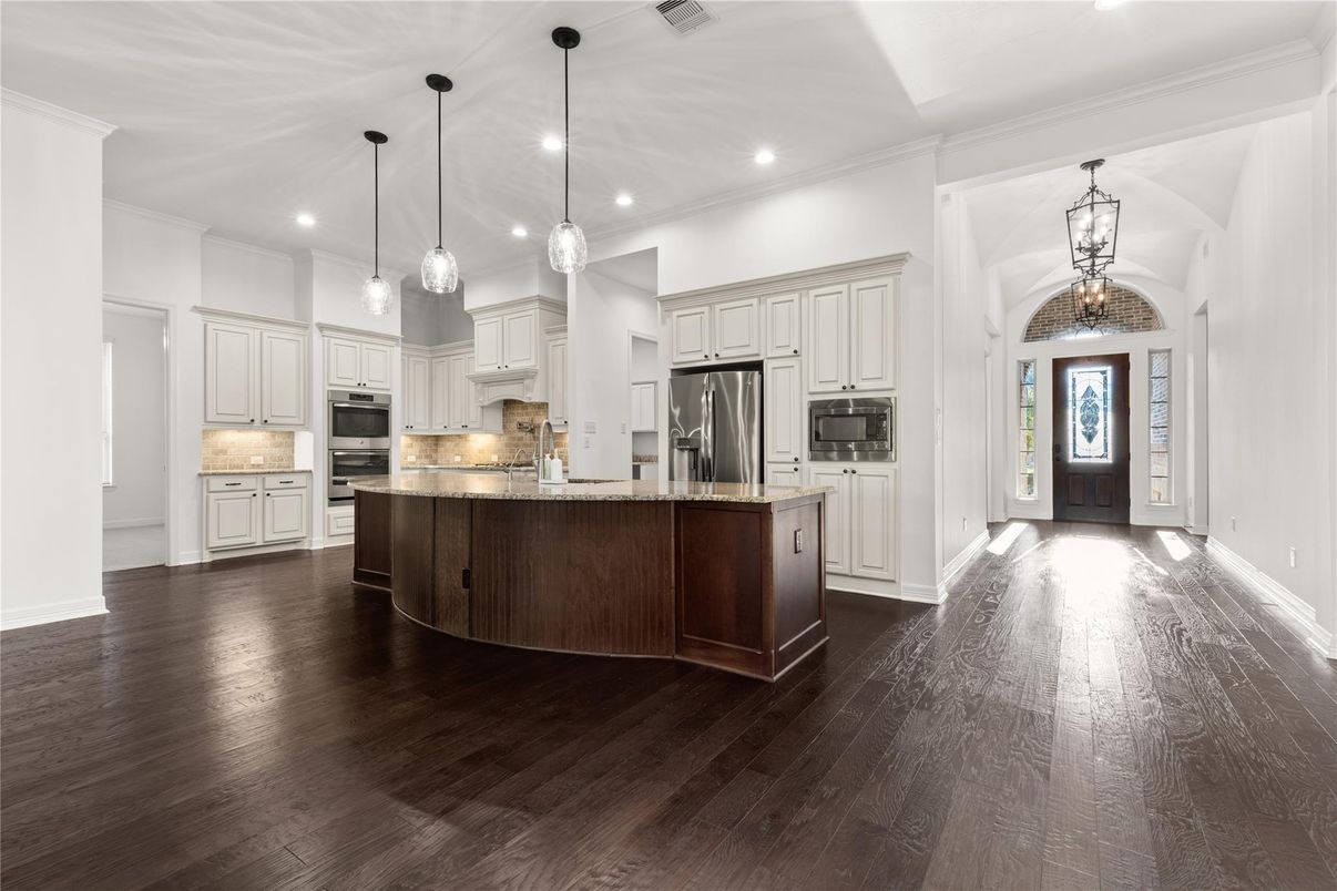 Interior, Kitchen, Pendant Lights, Recessed Lighting, Stainless Steel Appliances, Wood Texture Flooring