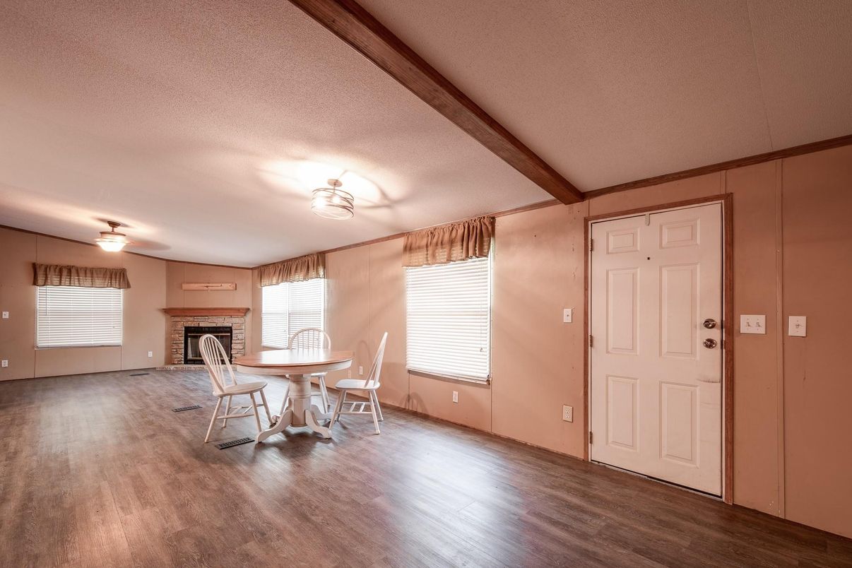 Dining room, Fireplace, Interior, Wooden Beams, Wood Texture Flooring