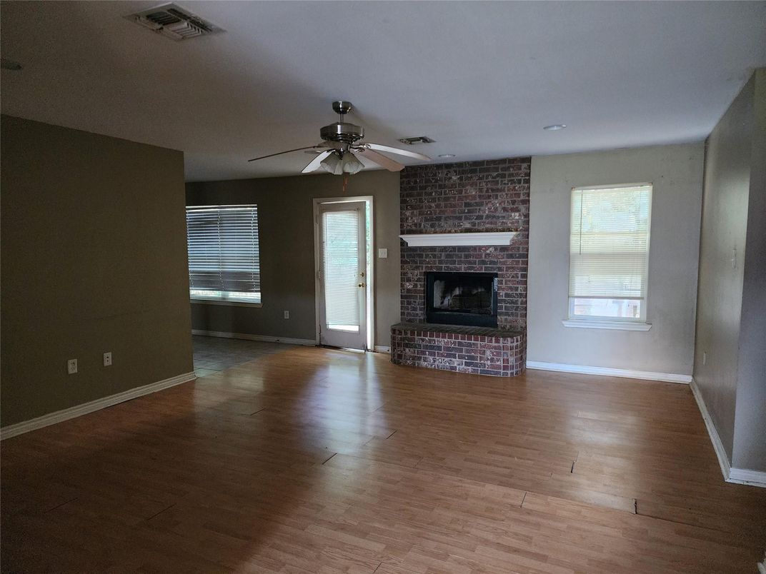 Empty room, Fireplace, Interior, Stone Walls, Wood Texture Flooring