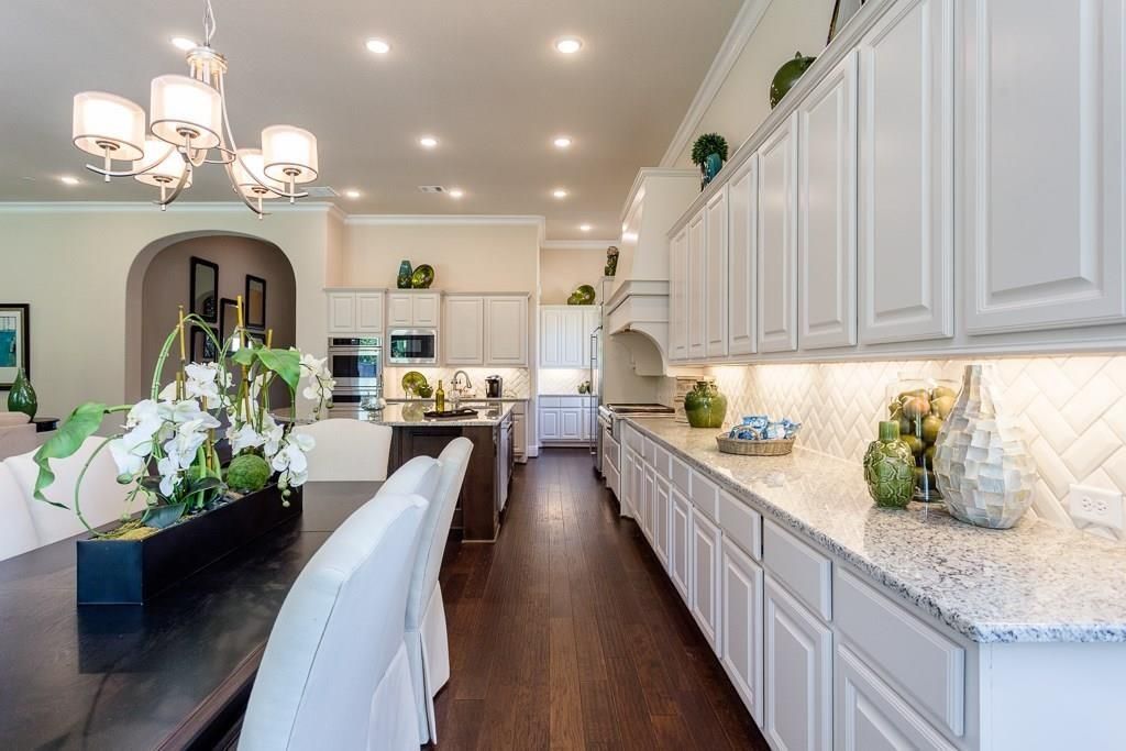 Chandelier, Interior, Kitchen, Recessed Lighting, Stainless Steel Appliances, Wood Texture Flooring