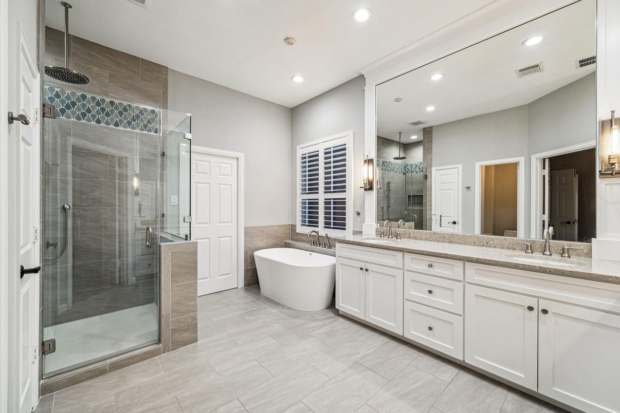 Bathroom, Dual Sink Vanities, Free Standing Baths, Glass Shower, Interior, Recessed Lighting