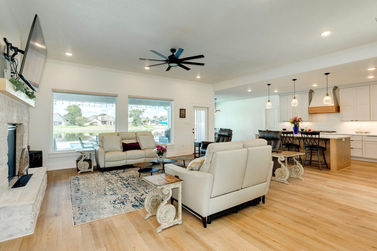 Dining room, Fireplace, Interior, Kitchen, Living room, Pendant Lights, Recessed Lighting, Wood Texture Flooring