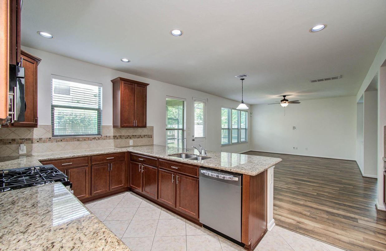 Interior, Kitchen, Pendant Lights, Recessed Lighting, Wood Texture Flooring