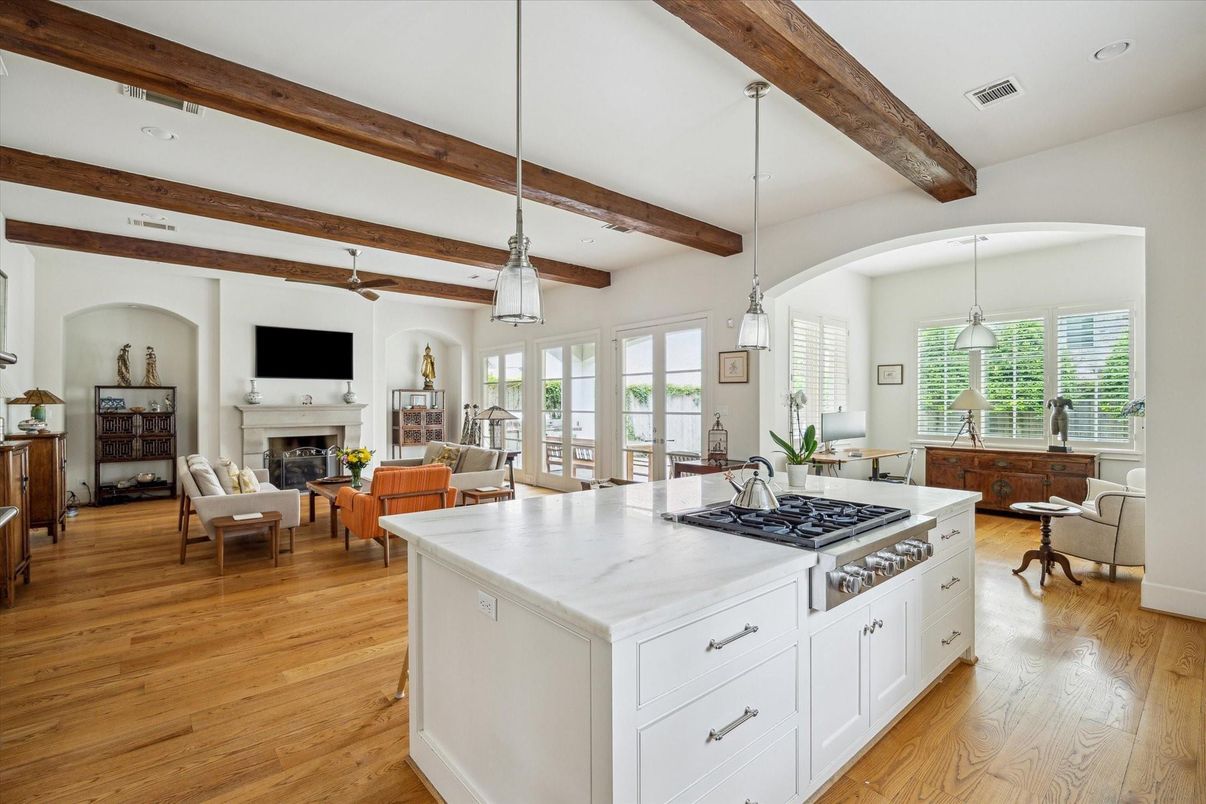 Fireplace, Interior, Kitchen, Living room, Pendant Lights, Recessed Lighting, Wooden Beams, Wood Texture Flooring