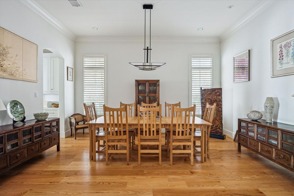 Dining room, Interior, Pendant Lights, Recessed Lighting, Wood Texture Flooring