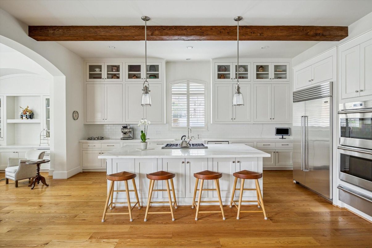 Interior, Kitchen, Pendant Lights, Recessed Lighting, Stainless Steel Appliances, Wooden Beams, Wood Texture Flooring