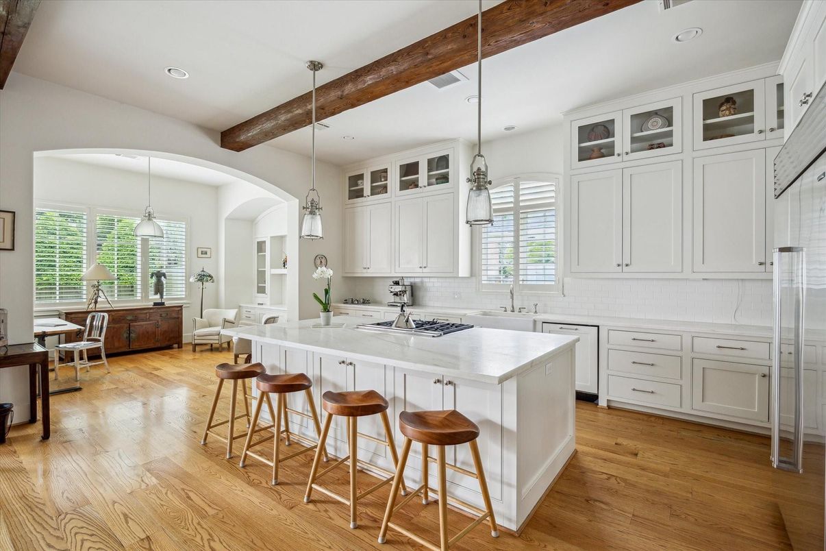 Interior, Kitchen, Pendant Lights, Recessed Lighting, Wooden Beams, Wood Texture Flooring