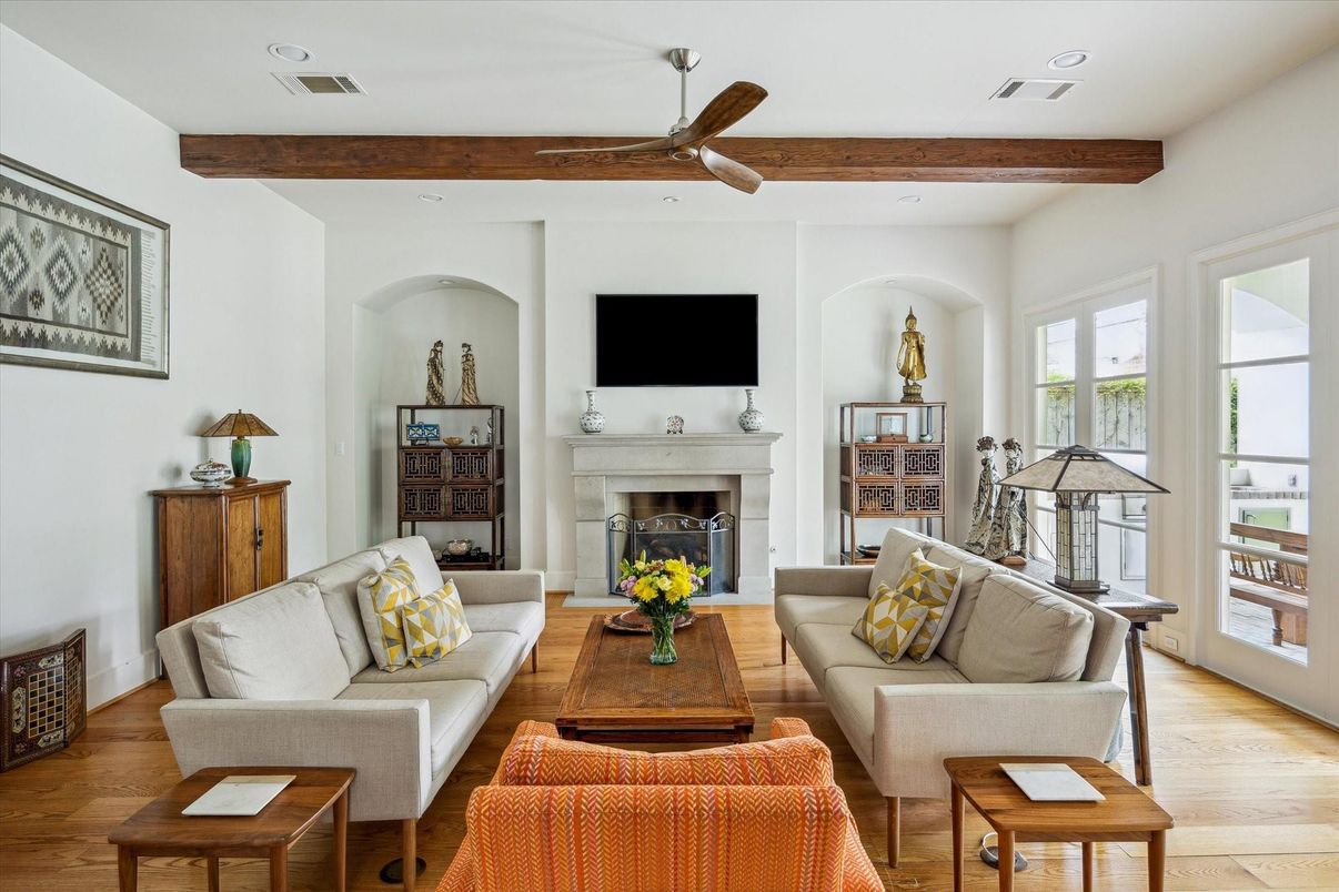 Fireplace, Interior, Living room, Recessed Lighting, Wooden Beams, Wood Texture Flooring