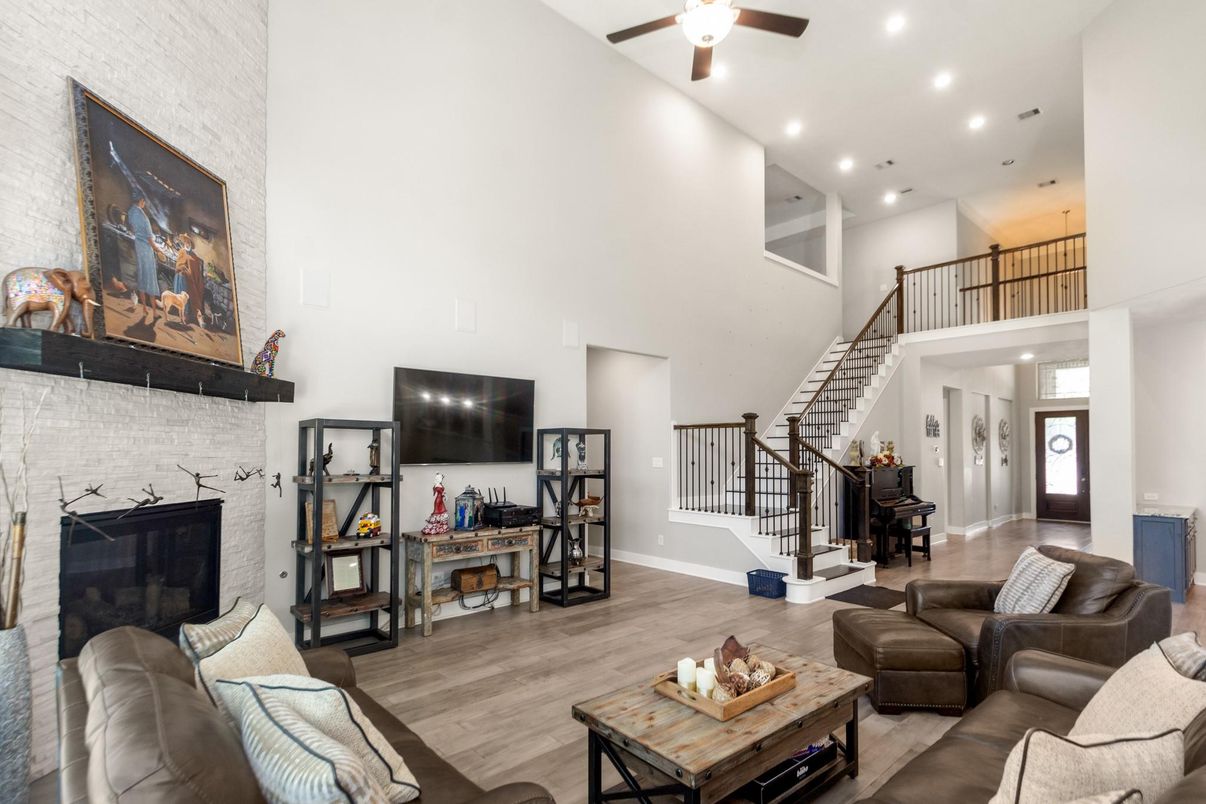 Fireplace, Interior, Living room, Recessed Lighting, Wood Texture Flooring