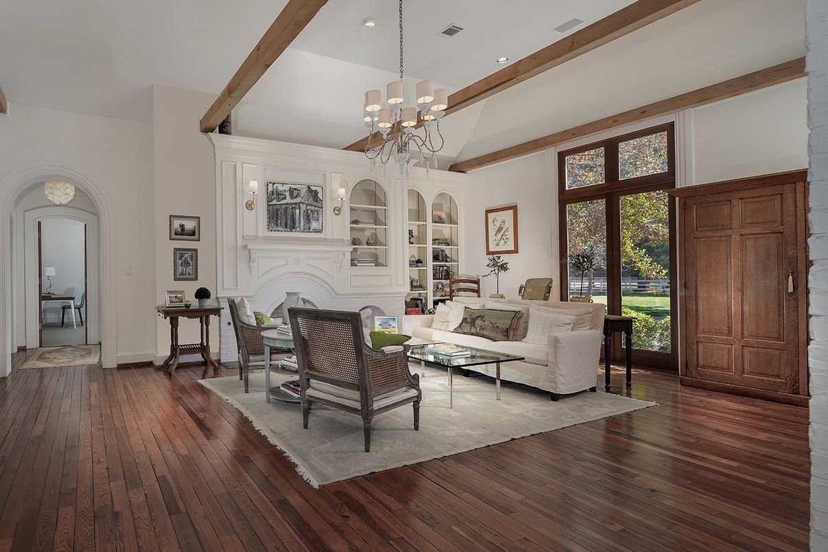 Chandelier, Fireplace, Interior, Living room, Recessed Lighting, Wooden Beams, Wood Texture Flooring