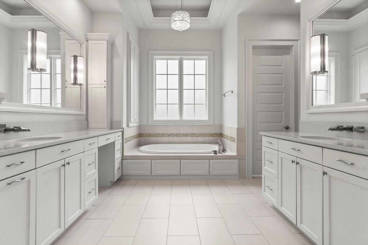 Bathroom, Dual Sink Vanities, Interior, Pendant Lights, Recessed Lighting
