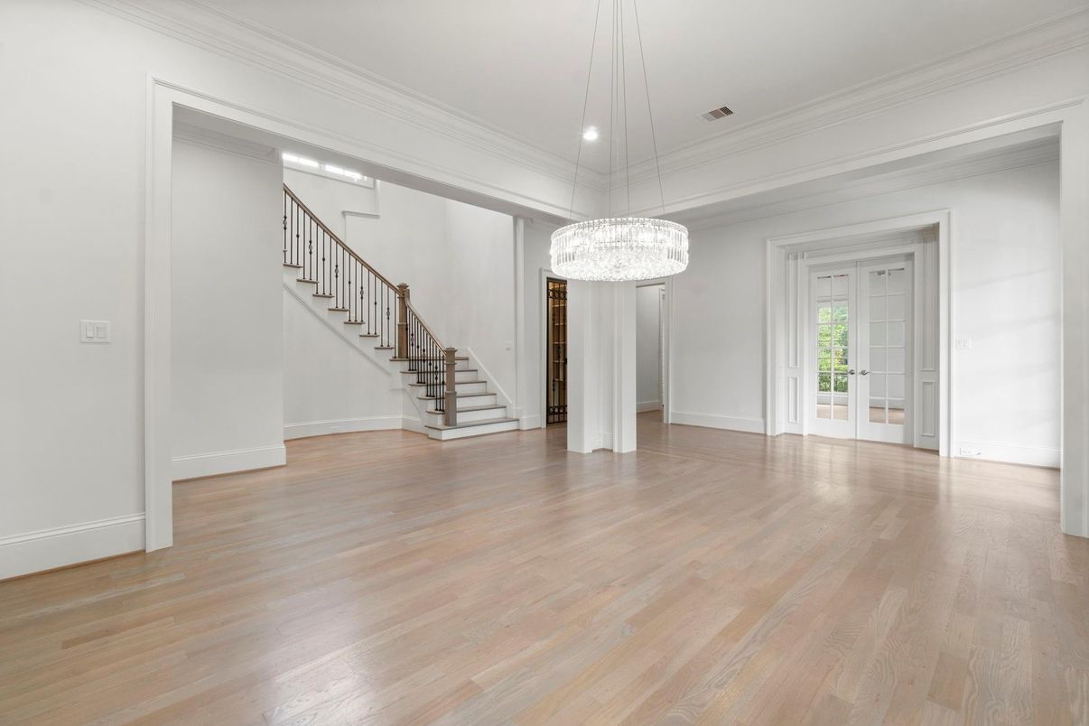 Chandelier, Empty room, Interior, Pendant Lights, Recessed Lighting, Wood Texture Flooring