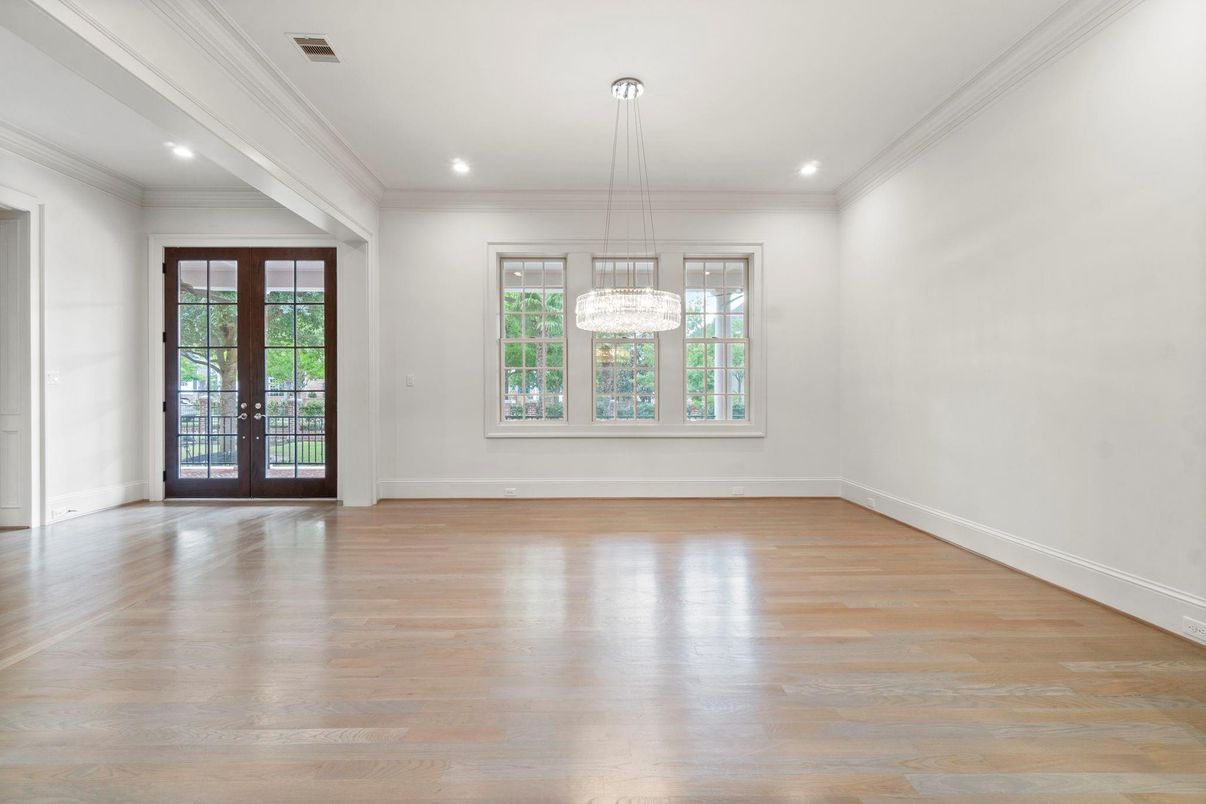 Chandelier, Empty room, Interior, Pendant Lights, Recessed Lighting, Wood Texture Flooring