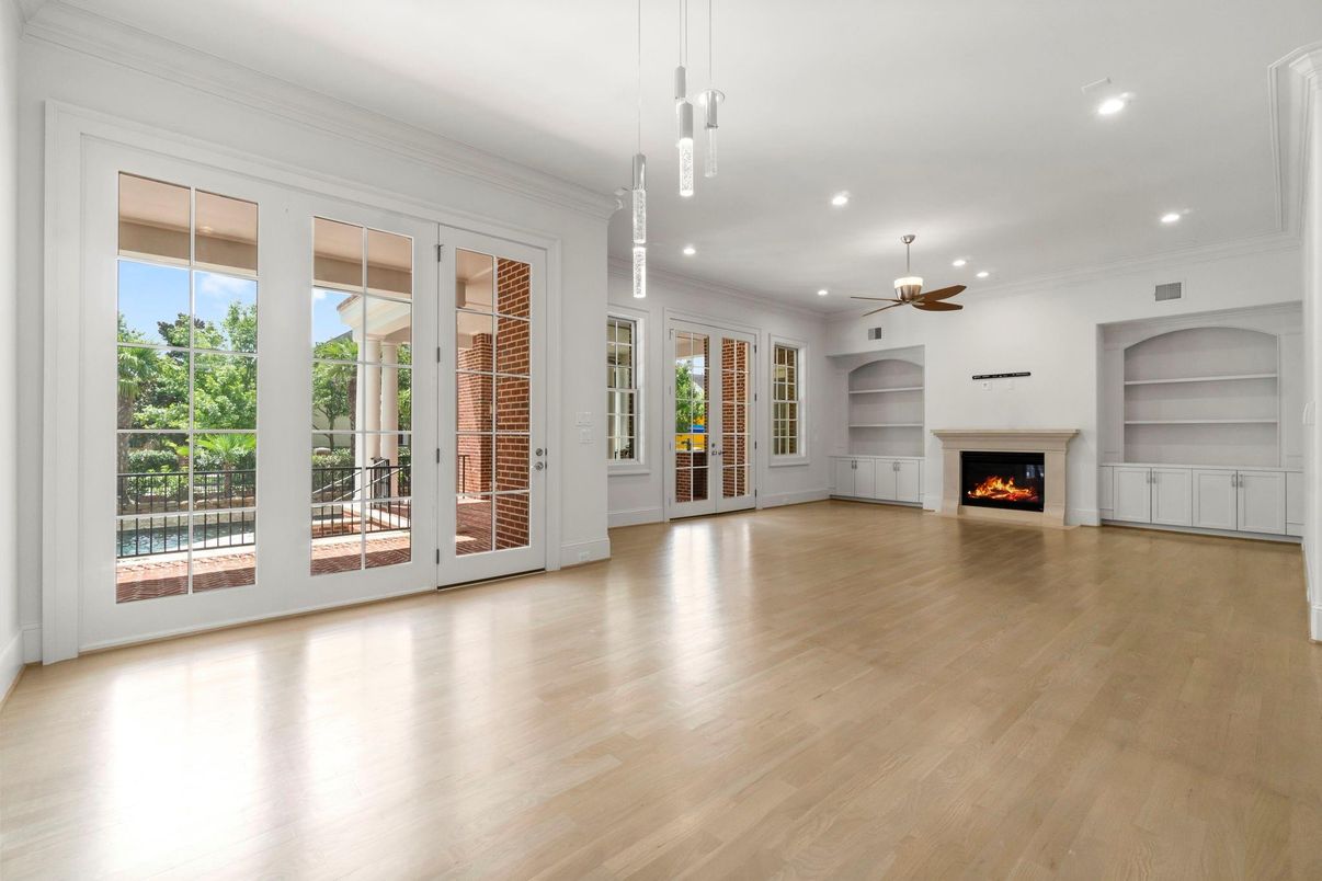 Empty room, Fireplace, Interior, Pendant Lights, Recessed Lighting, Wood Texture Flooring