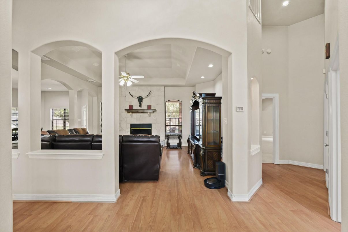 Fireplace, Interior, Recessed Lighting, Wood Texture Flooring