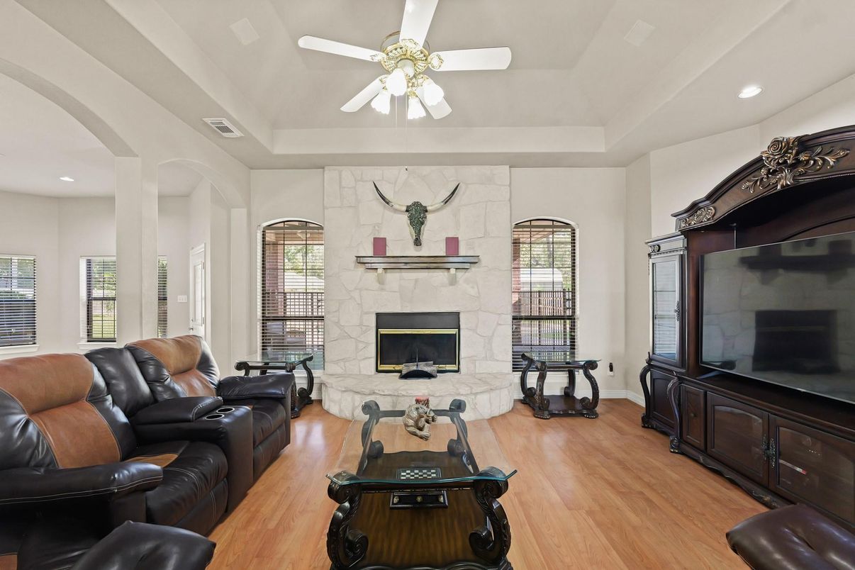 Fireplace, Interior, Living room, Recessed Lighting, Wood Texture Flooring