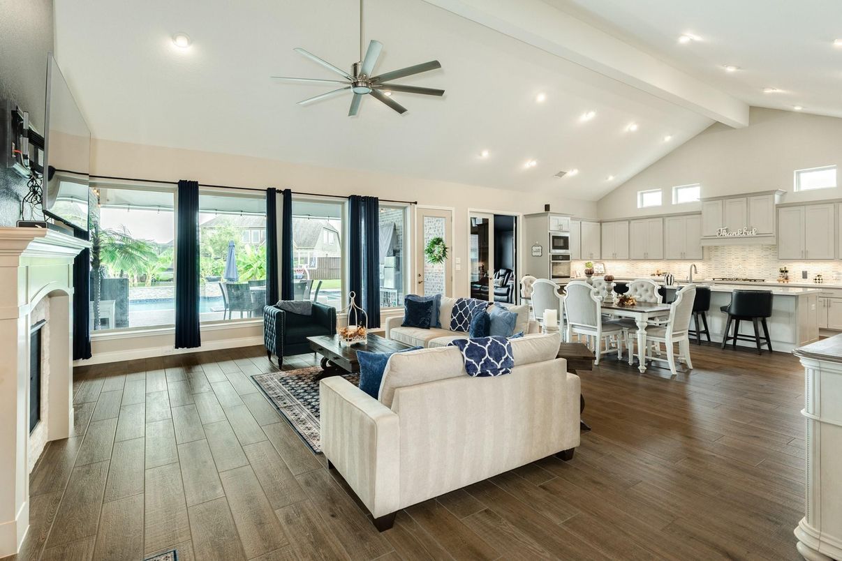 Dining room, Fireplace, Interior, Kitchen, Living room, Recessed Lighting, Wood Texture Flooring