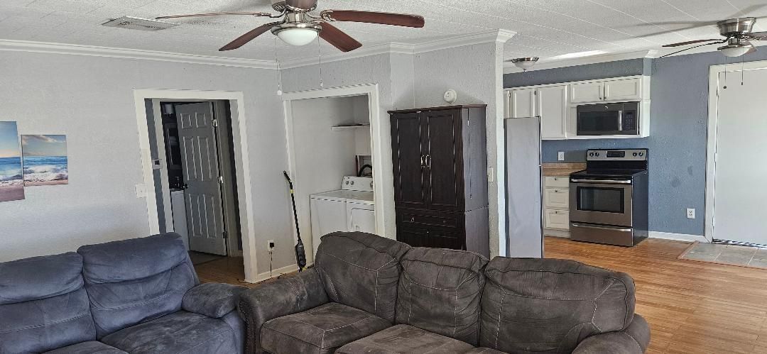 Interior, Kitchen, Living room, Stainless Steel Appliances, Wood Texture Flooring
