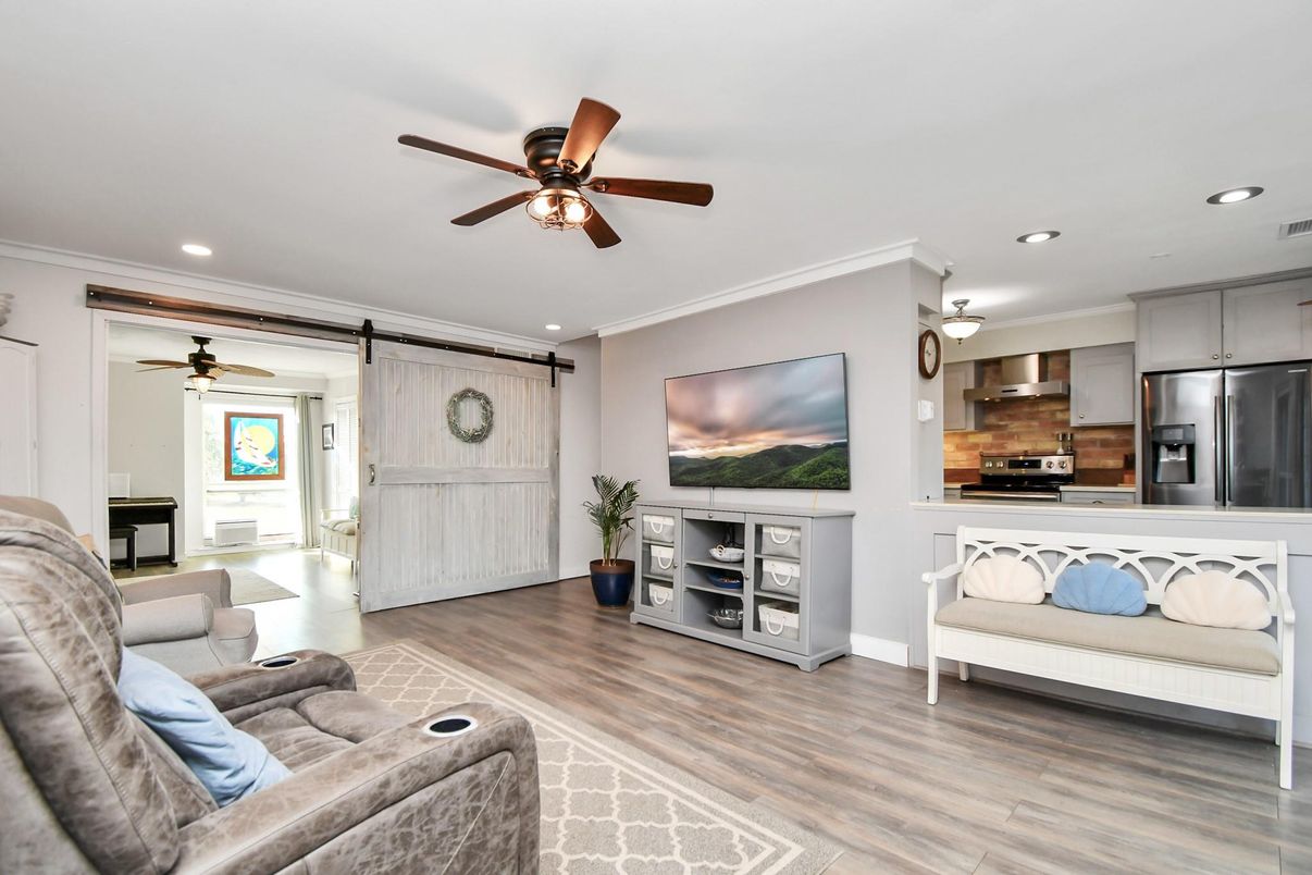 Interior, Kitchen, Living room, Recessed Lighting, Stainless Steel Appliances, Wood Texture Flooring