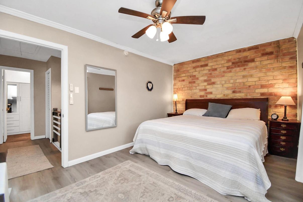Bedroom, Interior, Stone Walls, Wood Texture Flooring