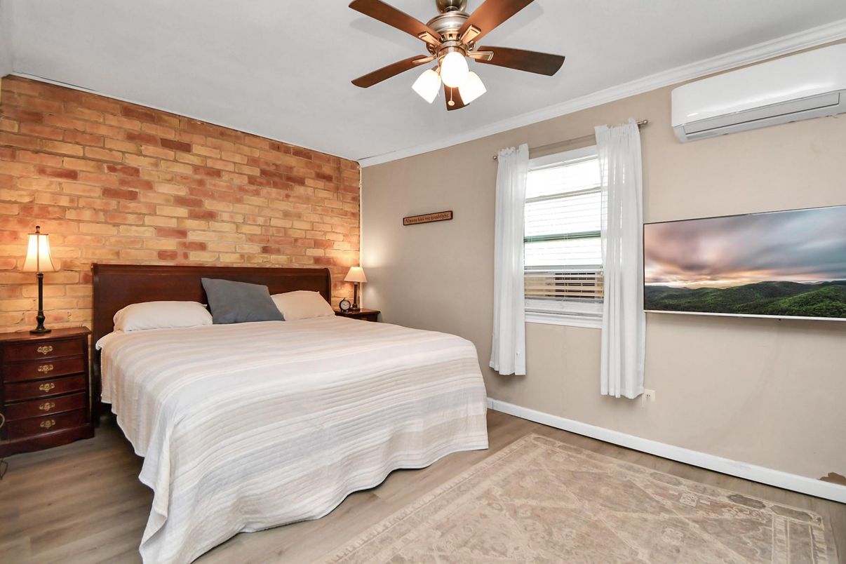 Bedroom, Interior, Stone Walls, Wood Texture Flooring