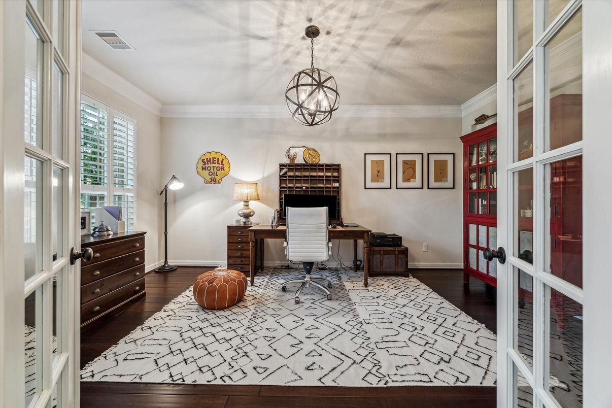 Chandelier, Home Office, Interior, Pendant Lights, Wood Texture Flooring