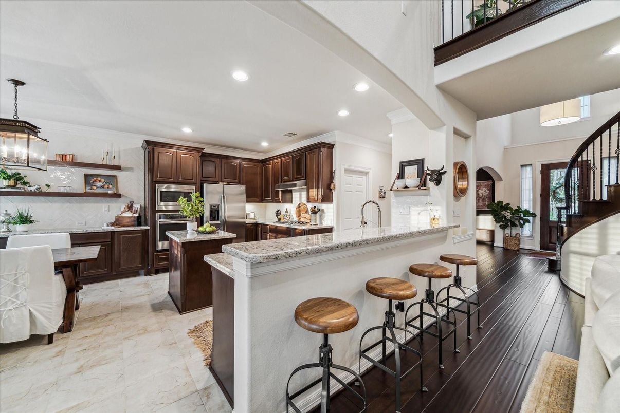 Interior, Kitchen, Pendant Lights, Recessed Lighting, Stainless Steel Appliances, Wood Texture Flooring