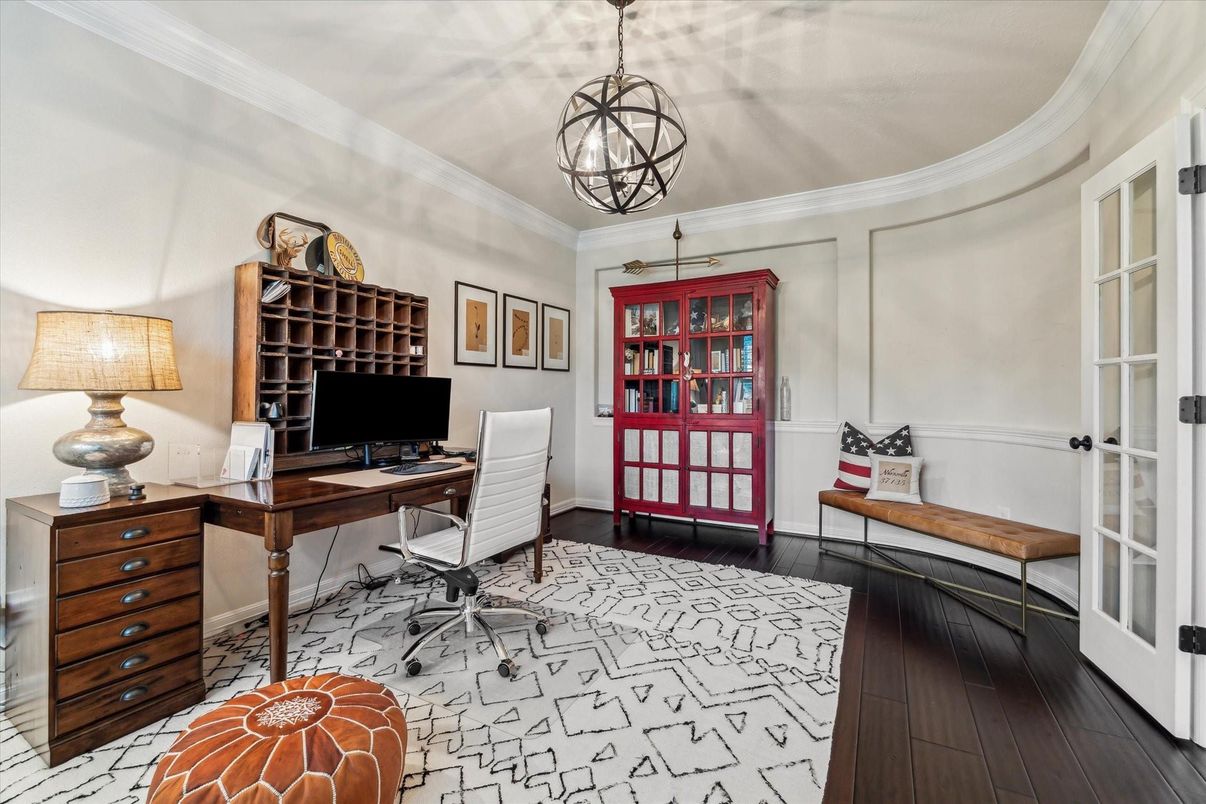 Chandelier, Home Office, Interior, Pendant Lights, Wood Texture Flooring