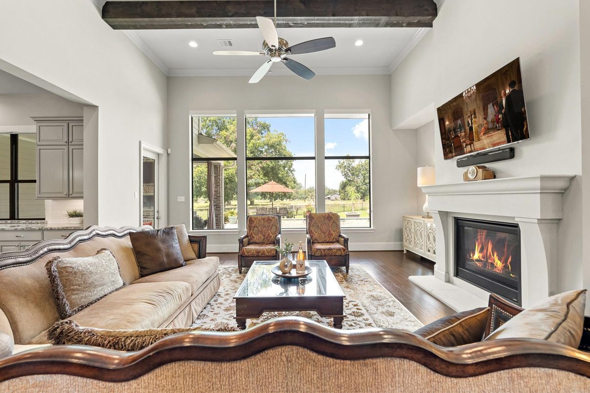Fireplace, Interior, Living room, Recessed Lighting, Wooden Beams, Wood Texture Flooring
