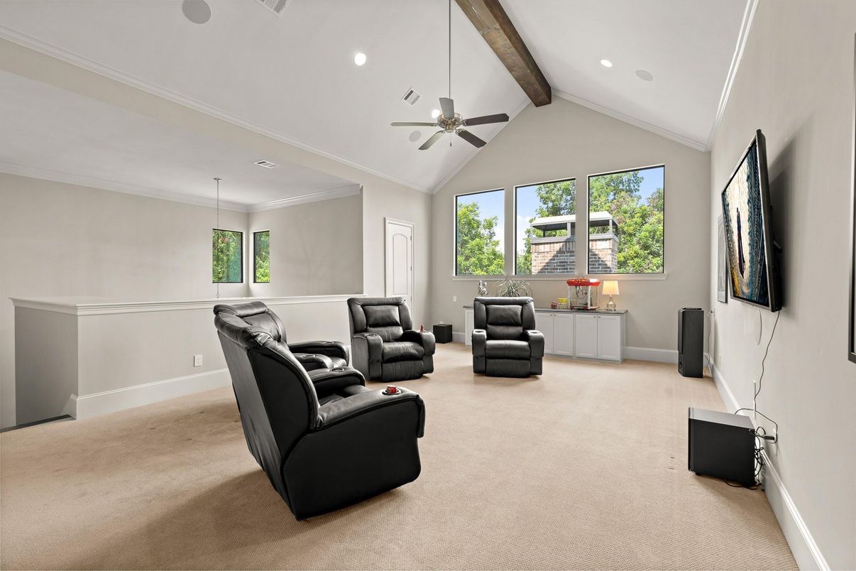 Interior, Living room, Recessed Lighting, Wooden Beams