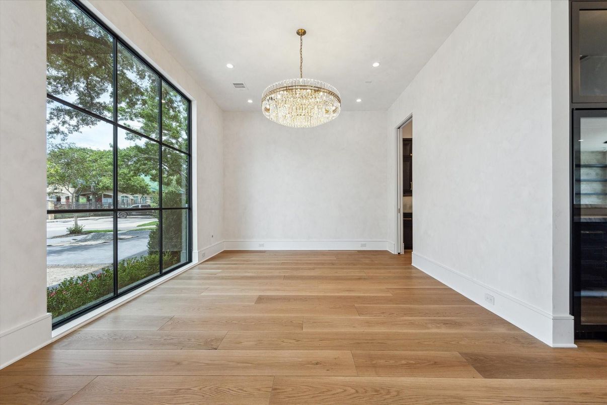 Chandelier, Empty room, Interior, Recessed Lighting, Wood Texture Flooring