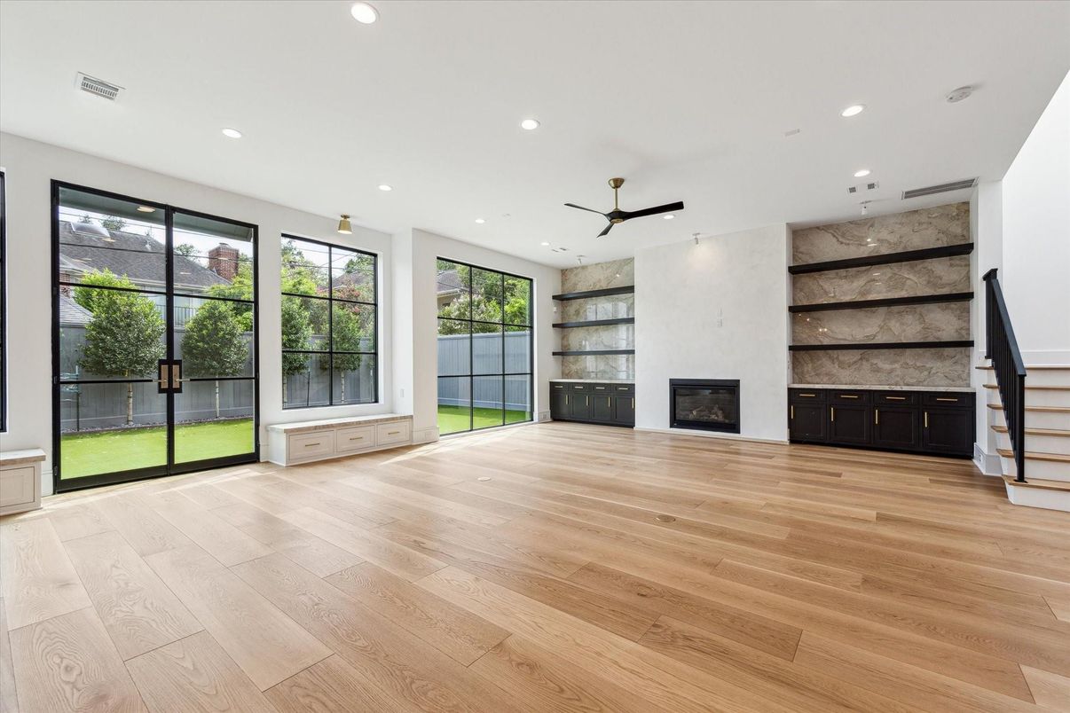 Empty room, Fireplace, Interior, Recessed Lighting, Wood Texture Flooring