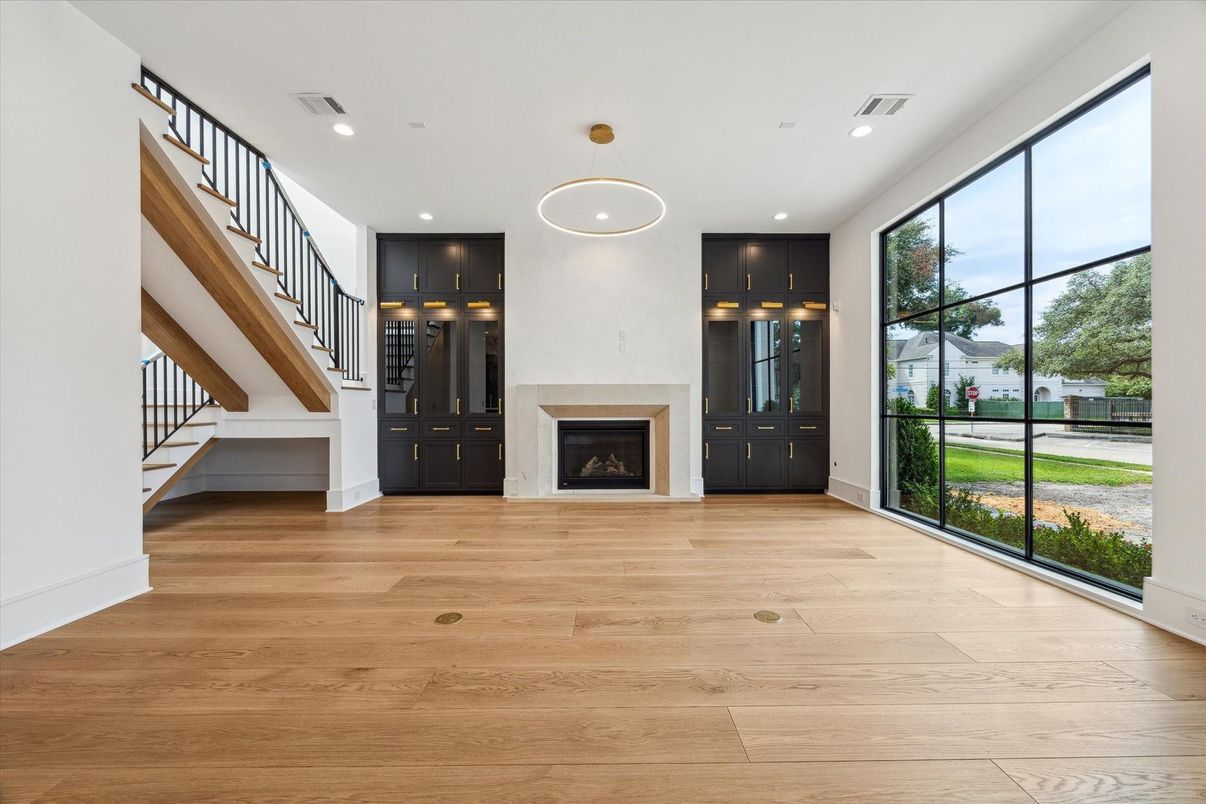Fireplace, Interior, Pendant Lights, Recessed Lighting, Wood Texture Flooring