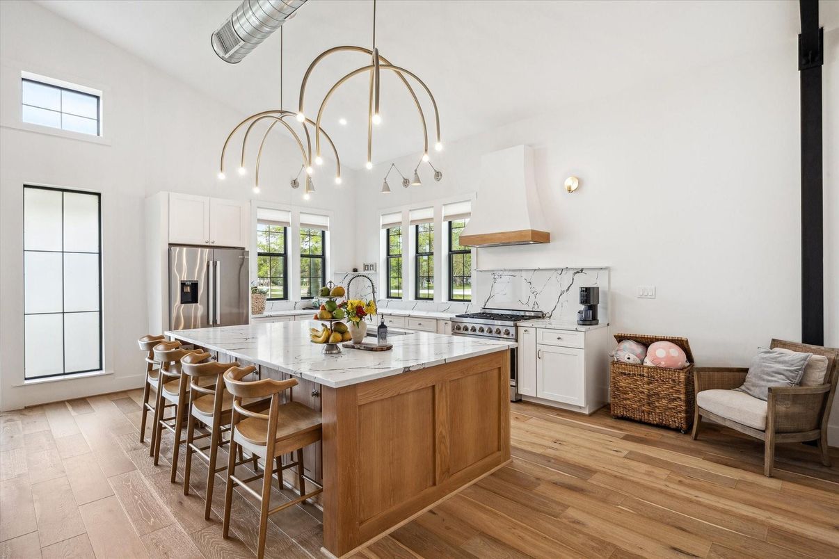 Interior, Kitchen, Pendant Lights, Stainless Steel Appliances, Wood Texture Flooring