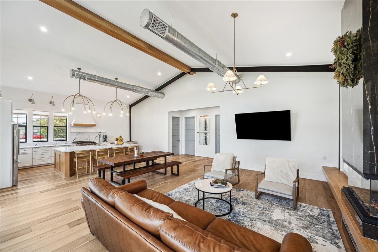 Dining room, Interior, Kitchen, Living room, Pendant Lights, Recessed Lighting, Wooden Beams, Wood Texture Flooring