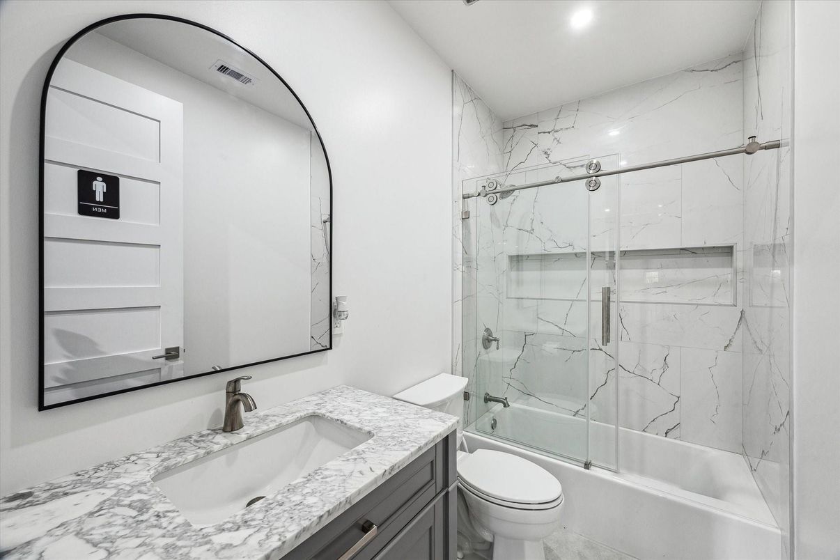 Bathroom, Glass Shower, Interior, Marble Walls, Recessed Lighting