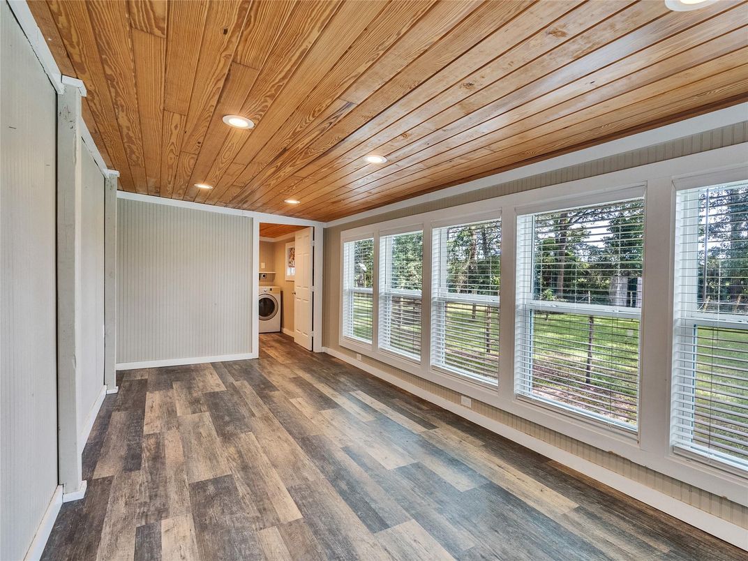 Empty room, Interior, Recessed Lighting, Washer, Wooden Ceilings, Wood Texture Flooring