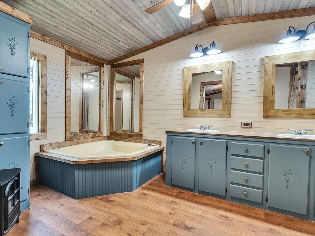 Bathroom, Dual Sink Vanities, Interior, Wooden Ceilings, Wood Texture Flooring