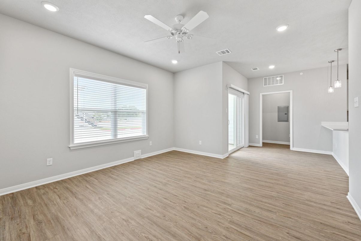 Empty room, Interior, Pendant Lights, Recessed Lighting, Wood Texture Flooring