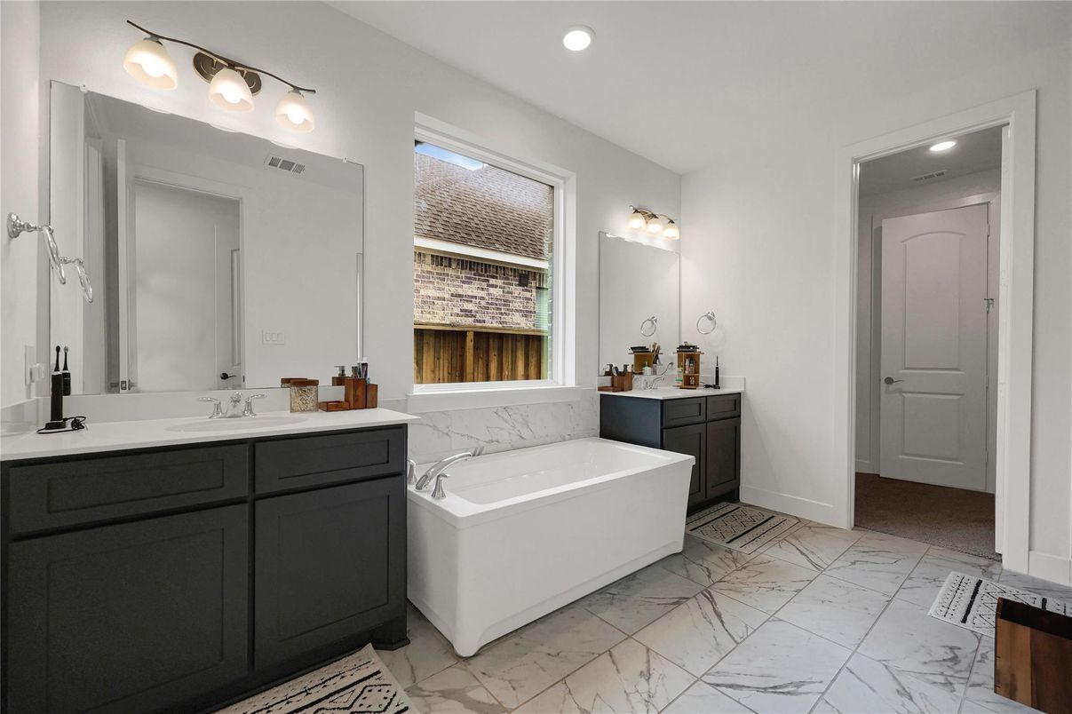 Bathroom, Dual Sink Vanities, Interior, Marble, Recessed Lighting