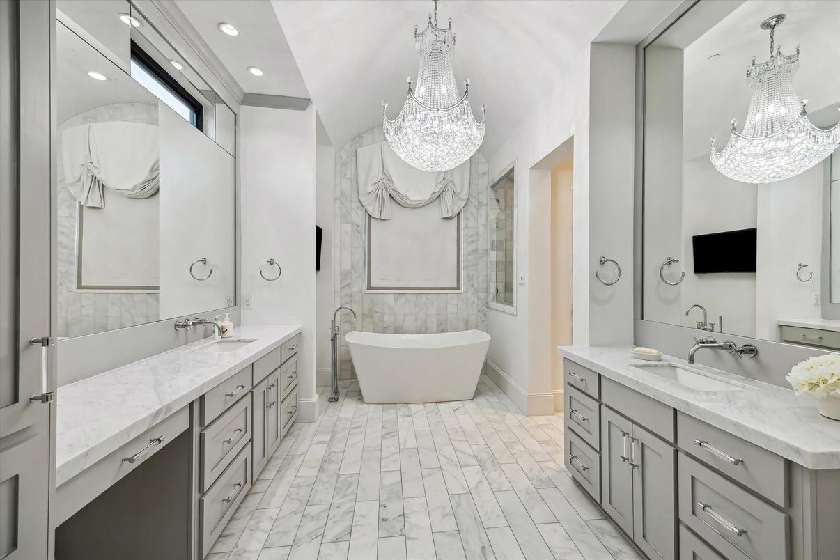 Bathroom, Chandelier, Dual Sink Vanities, Free Standing Baths, Interior, Marble, Recessed Lighting