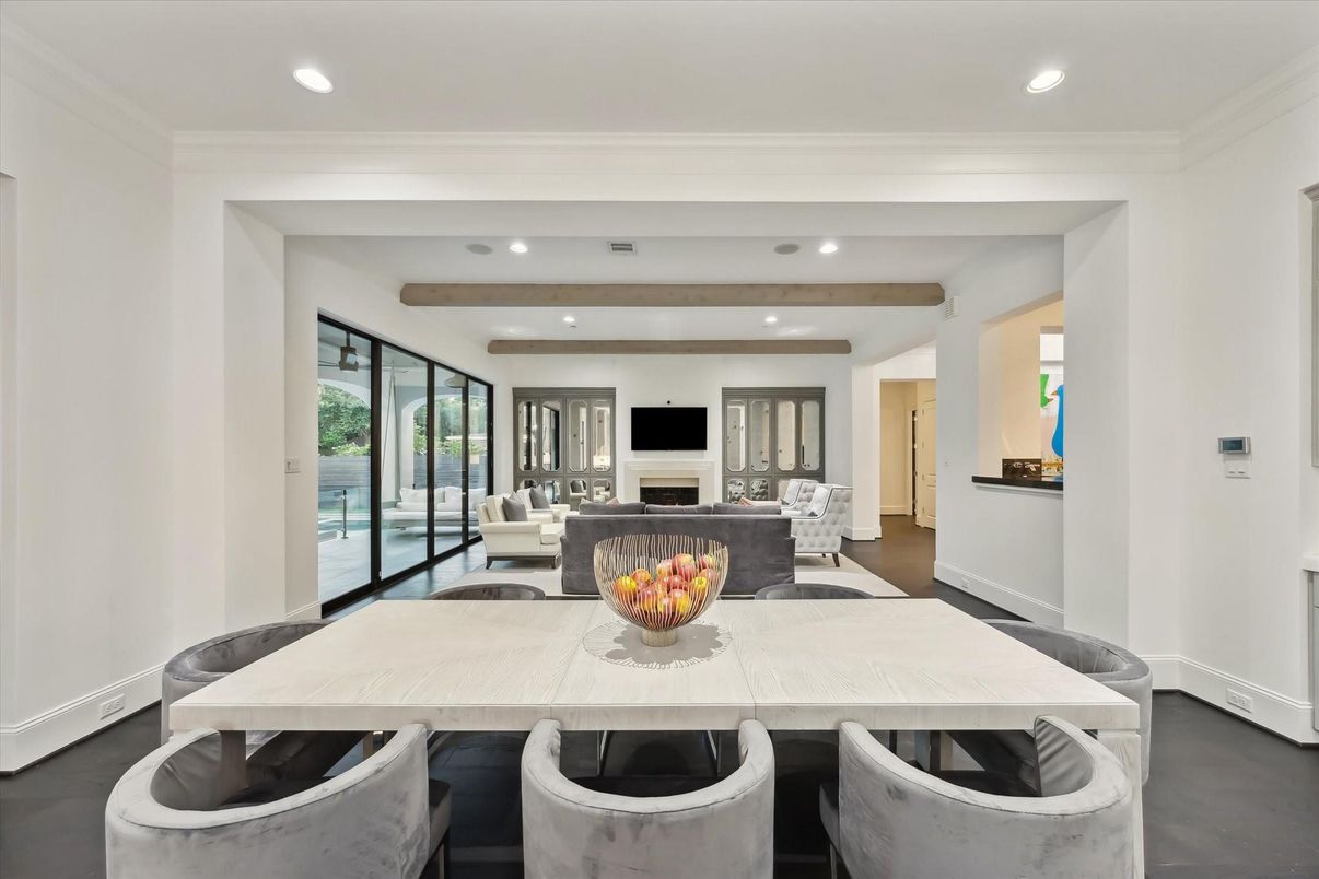 Dining room, Fireplace, Interior, Living room, Recessed Lighting, Wooden Beams