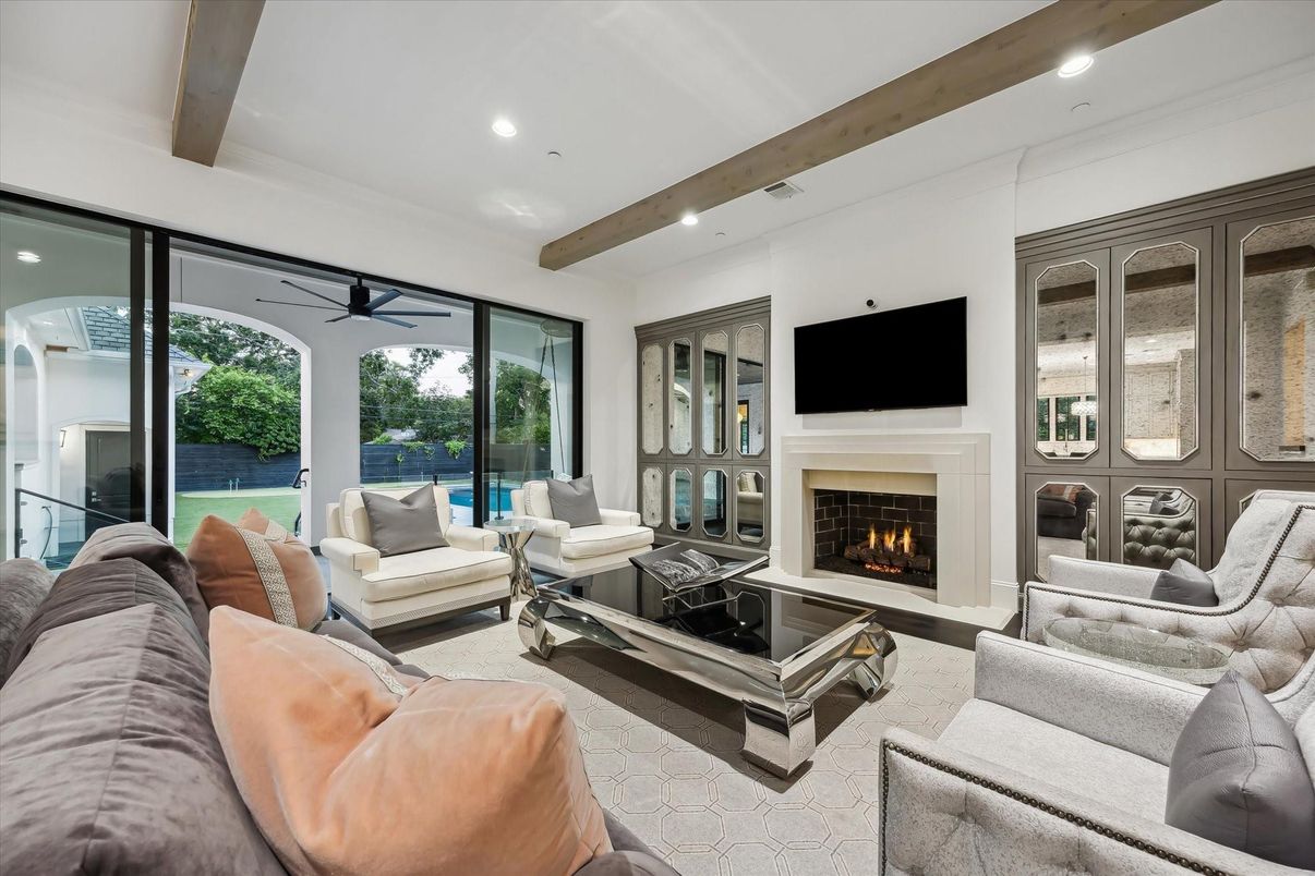 Fireplace, Interior, Living room, Recessed Lighting, Wooden Beams